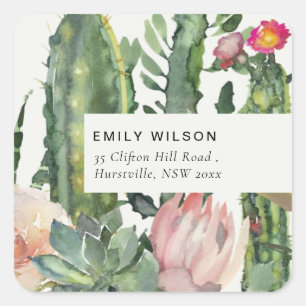 ADESIVO QUADRADO ENDEREÇO DE FOLIAGEM DE CACTI FLORAL DO BOHO PINK