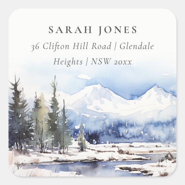 Adesivo Quadrado Endereço de Paisagem de Esqui da Montanha de Neve  (Frente)