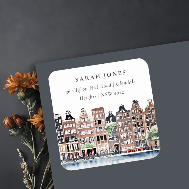 Adesivo Quadrado Endereço de Paisagem do Canal de Amesterdã (Criador carregado)