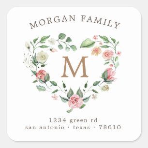 Adesivo Quadrado endereço de retorno do monograma de wreath do cor