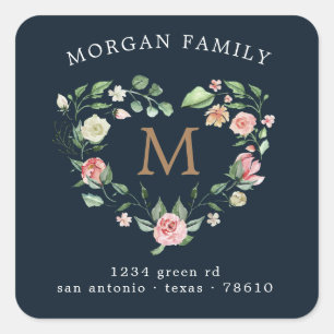 Adesivo Quadrado endereço de retorno do monograma de wreath do cora