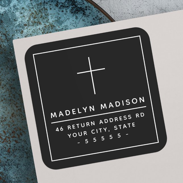 Adesivo Quadrado Endereço de retorno mínimo em preto cruzado (Minimalist cross black return address square sticker)