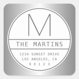 Adesivo Quadrado Endereço & Monograma da Cinza Faux Silver Moderna 