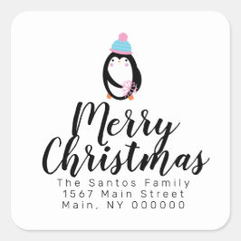 Adesivo Quadrado Endereço Pinguim de Natal Fofo Floco de Neve