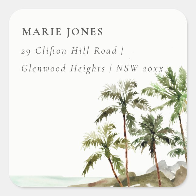 Adesivo Quadrado Endereço Rustic Tropical Palm Tree Beach (Frente)