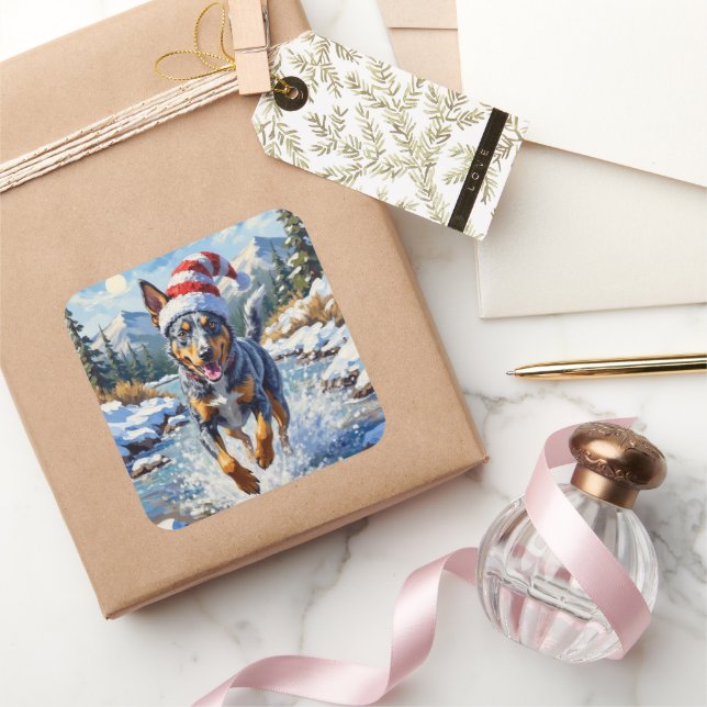 Adesivo Quadrado Energetic Blue Heeler Dog Winter Creek Christmas (Presentear)