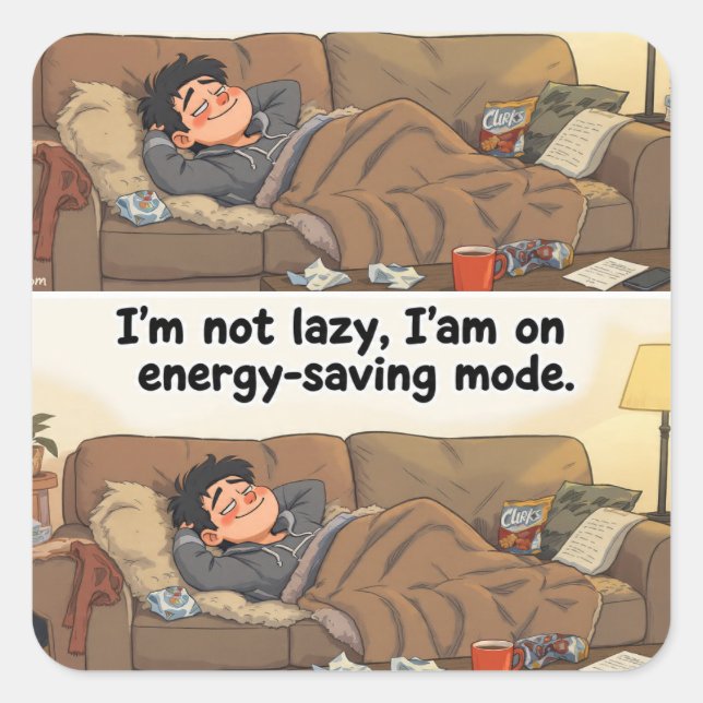 Adesivo Quadrado Energy-Saving Mode” Sticker – Cozy Webcomic Vibes (Frente)