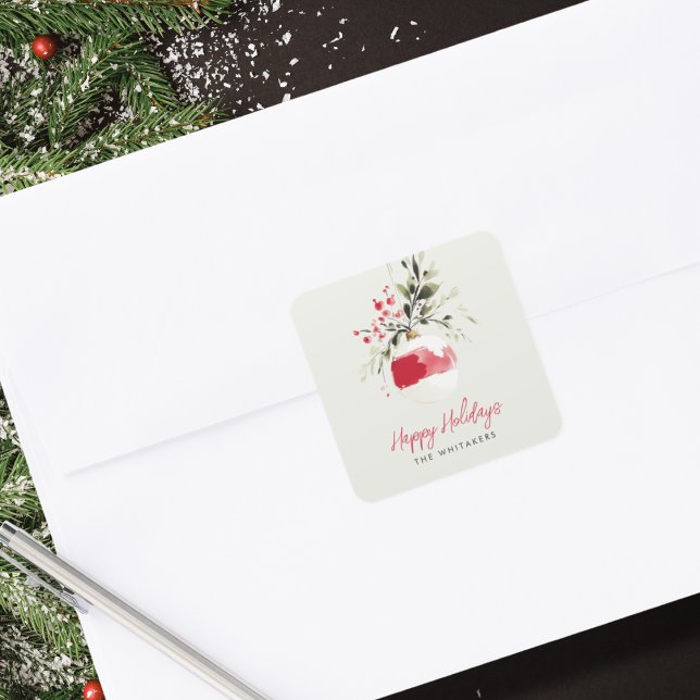 Adesivo Quadrado Enfeite de Natal Personalizado com Nome em Aquarel (Perfect for cards, gifts, and holiday packaging.)