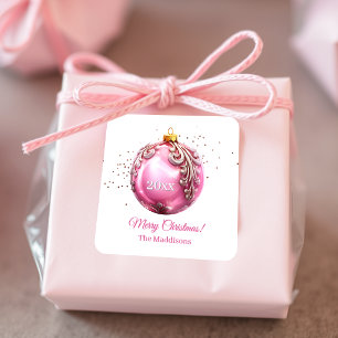 Adesivo Quadrado Enfeite de Natal Pink Vintage Personalizado