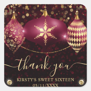 Adesivo Quadrado Enfeites de Natal Burgundy Gold Sweet Sixteen
