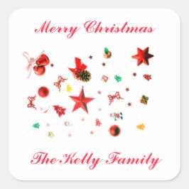 Adesivo Quadrado Enfeites vermelhos de Feliz Natal com texto