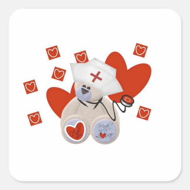 Adesivo Quadrado Enfermeira de Teddy Bear Camisetas e presentes (Frente)