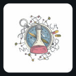 Adesivo Quadrado Engraçado С história da Science Pun<br><div class="desc">Engraçado С química Science Pun design ilustra uma bússola,  elementos químicos,  frasco de laboratório e átomos com moléculas. Presente perfeito para criança,  homem e mulher que ama química,  ciência,  biologia,  física.</div>