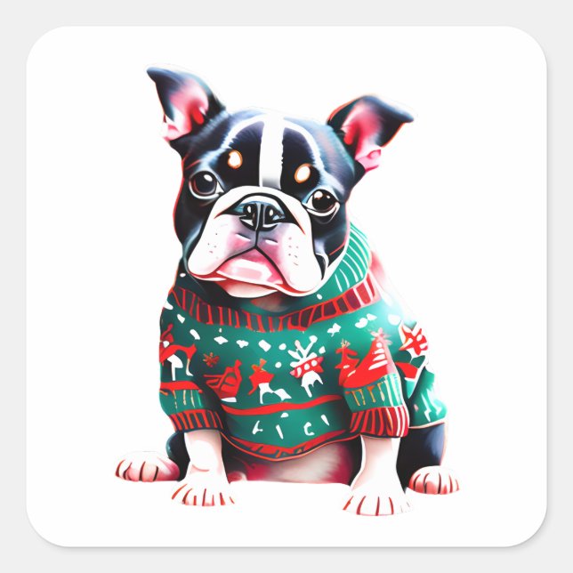 Adesivo Quadrado Engraçado Boston Terrier no Sweater de Natal (Frente)
