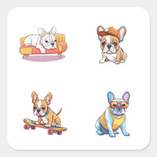 Adesivo Quadrado Engraçado Buldogue Francês 4 Pack Stickers