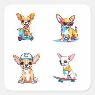 Adesivo Quadrado Engraçado Chihuahua Cartoon Art 4 Pack Stickers