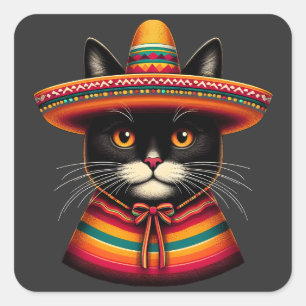 Adesivo Quadrado Engraçado Cinco De Mayo Sombrero Festiva Cat Mexic