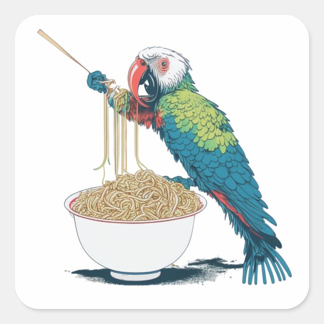 Adesivo Quadrado Engraçado Comendo Ramen Noodles (Frente)