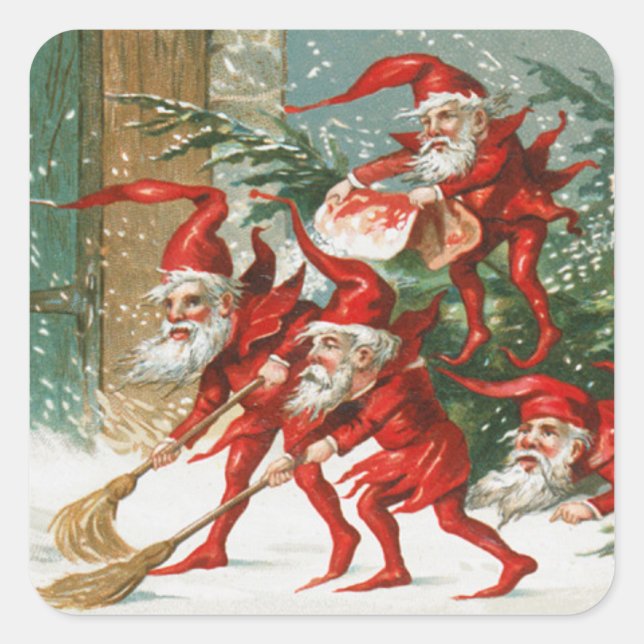 ADESIVO QUADRADO ENGRAÇADO DE NATAL VERMELHO ELVES NADANDO NA NEVE (Frente)