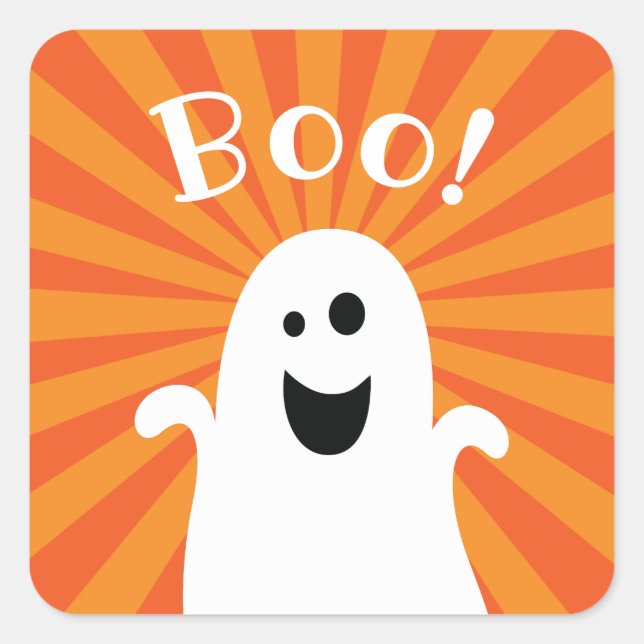 Adesivo Quadrado Engraçado Feliz Fantasma Boo Festa de Halloween (Frente)