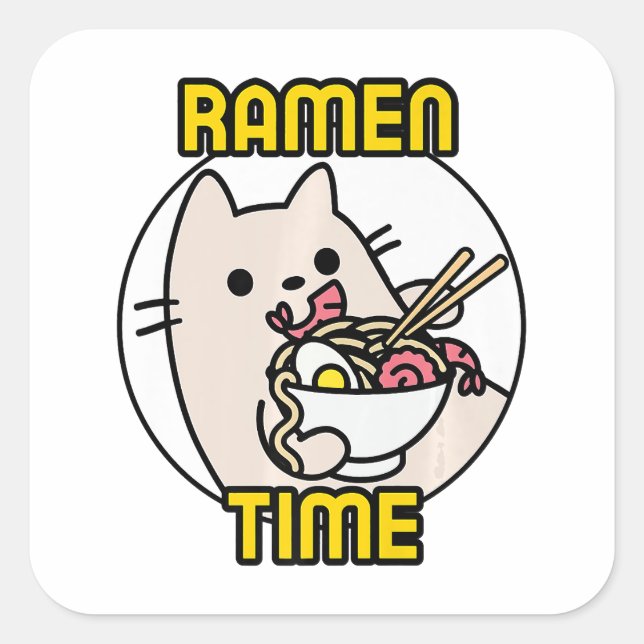 Adesivo Quadrado Engraçado Gato Comendo Ramen Cat Pet Proprietário (Frente)