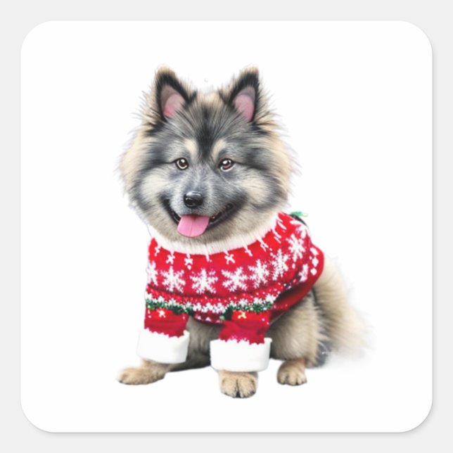 Adesivo Quadrado Engraçado Keeshond no suéter de Natal (Frente)