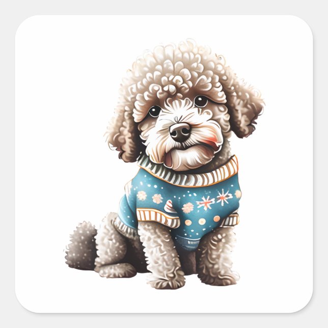 Adesivo Quadrado Engraçado Lagotto Romagnolo no Sweater de Natal (Frente)