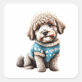 Adesivo Quadrado Engraçado Lagotto Romagnolo no Sweater de Natal