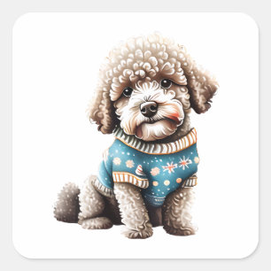 Adesivo Quadrado Engraçado Lagotto Romagnolo no Sweater de Natal