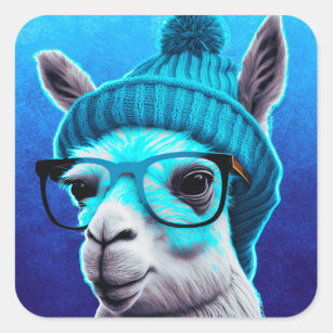 Adesivo Quadrado Engraçado Llama Alpaca Cute Animal Beanie Hat Glas