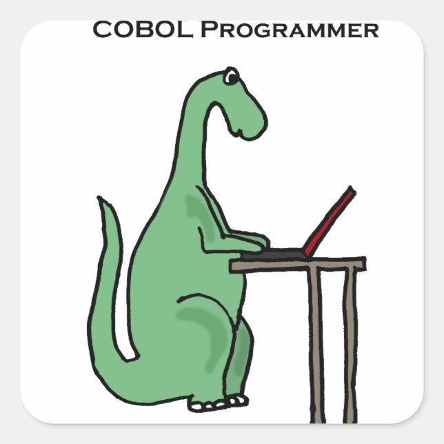 Adesivo Quadrado Engraçado programador de COBOL Dinossauro (Frente)