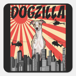 Adesivo Quadrado Engraçado Whippet Dogzilla Japonês