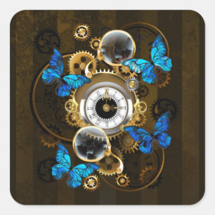 Adesivo Quadrado Engrenagens Steampunk e Borboletas Azuis