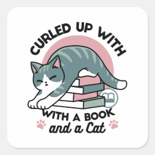 Adesivo Quadrado Enrolados com um Livro e um Gato - Leitura de Gato