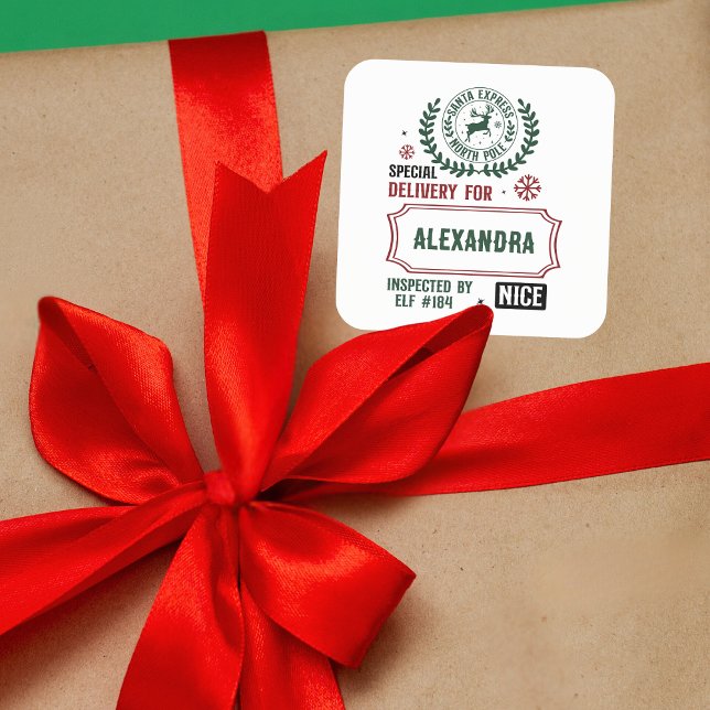 Adesivo Quadrado Entrega Expressa de papais noeis para (Nome Person (Easily personalize this cute custom name Santa Express Delivery gift tag.)