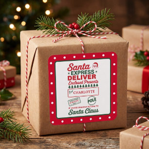 Adesivo Quadrado Entrega expressa do Papai Noel com pontos de Natal