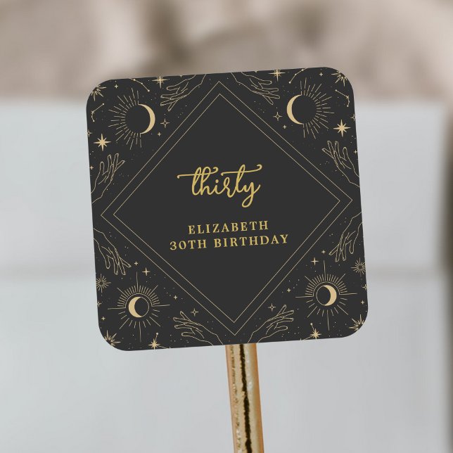 Adesivo Quadrado Envelope de Aniversário do Horóscopo Negro (Black Mystic Horoscope Moon Birthday Envelope Square Sticker)