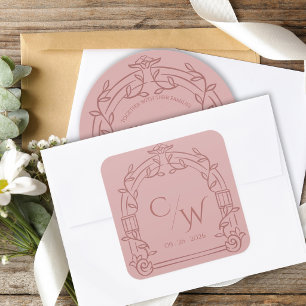 Adesivo Quadrado Envelope de Casamento Botânico com Arco Ornamentad