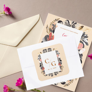 Adesivo Quadrado Envelope de Casamento do Monograma Floral Blush & 