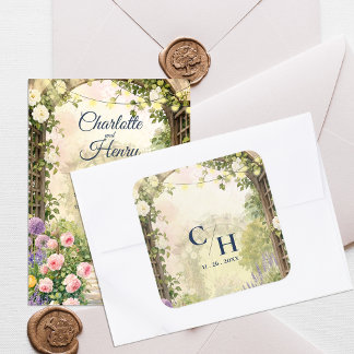 Adesivo Quadrado Envelope de Casamento Floral com Caramanchão de Ja