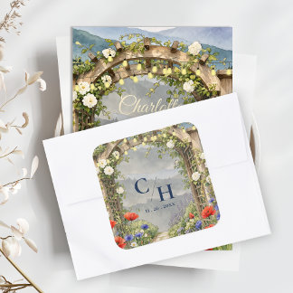 Adesivo Quadrado Envelope de Casamento Rústico Jardim de Flores Sil