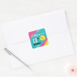 Adesivo Quadrado Envelope de Festa de Aniversário Softbol Rosa Azul