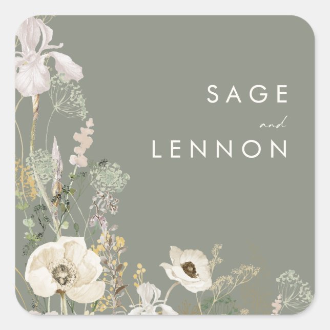 Adesivo Quadrado Envelope Verde de Flor Selvagem Branca (Frente)