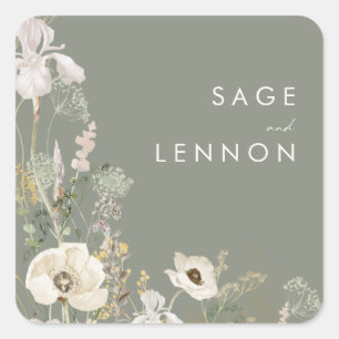 Adesivo Quadrado Envelope Verde de Flor Selvagem Branca