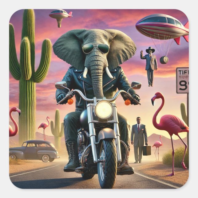 Adesivo Quadrado Ephant Biker Surreal Desert Ride (Frente)