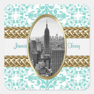 Adesivo Quadrado ESB 01 Lt Blue Damask Dourado Chain