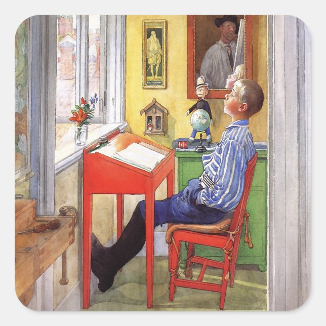 Adesivo Quadrado Esbjorn fazendo seu trabalho de casa de Carl Larss (Frente)