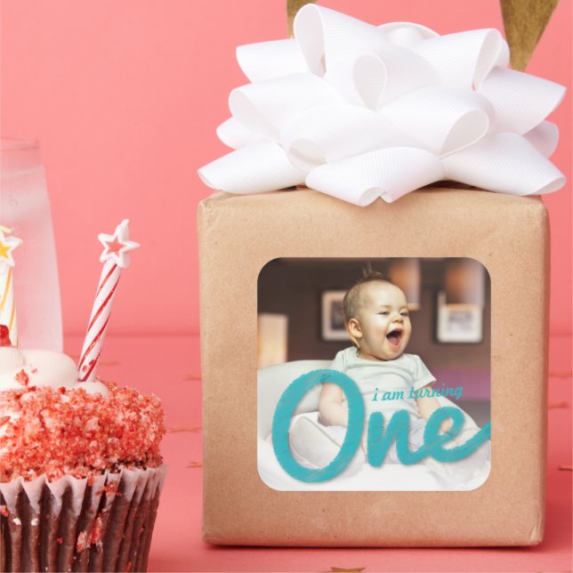 Adesivo Quadrado Esboço Azul Um Menino Foto Favor de Festa de 1º An (Festa)