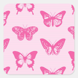 Adesivo Quadrado Esboço de borboletas, rosas claro e fúcsia