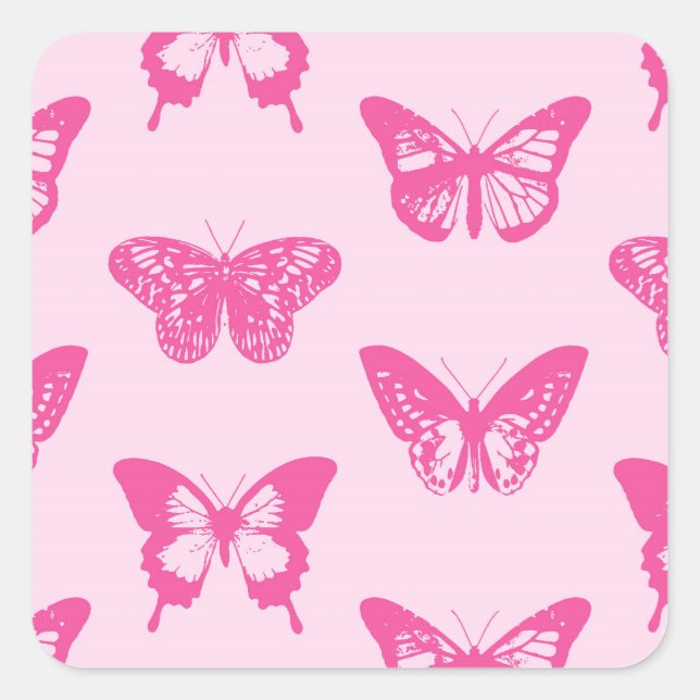 Adesivo Quadrado Esboço de borboletas, rosas claro e fúcsia (Frente)